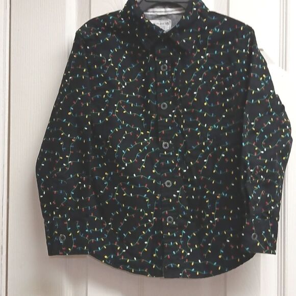 🩷FREE PLANET BOYS Size 5 Holiday Dress Button Up Shirt Black/Multi - Picture 1 of 10